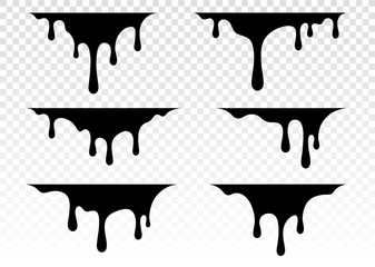 Paint dripping. Dripping liquid. Paint flows. Current paint, stains. Current drops. Current inks. Vector illustration. Color easy to edit. Transparent background.