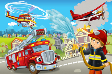Naklejka premium cartoon stage with different machines for firefighting colorful and cheerful scene with fireman - illustration for children