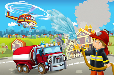 Obraz na płótnie Canvas cartoon stage with different machines for firefighting colorful and cheerful scene with fireman - illustration for children