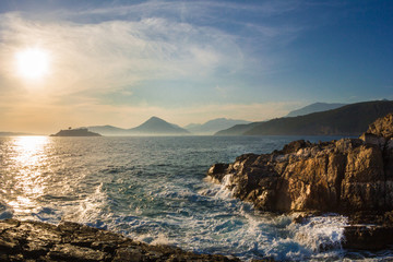 View of the fortified island Mamula and Croatian coastline from the Lustica peninsula, Montenegro.