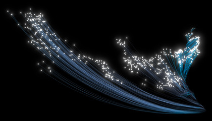 Beautiful abstract flowing traces on a black background. Glowing dots. 3d rendering image.