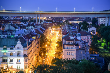 Nusle and Nuselky Bridge in Prague by night