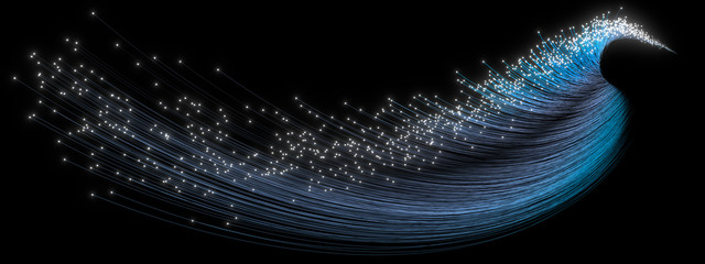 Beautiful abstract flowing traces on a black background. Glowing dots. 3d rendering image.