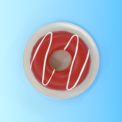 Donut on a plate on a blue background. View from above. Minimal creative concept. 3d render illustration