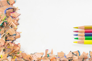 copyspace on white background, pencils tips, colored residues, cleaning pencils, isolated, on white...