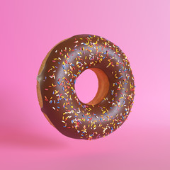 Chocolate doughnut on pink background. Minimal creative concept. 3d render illustration