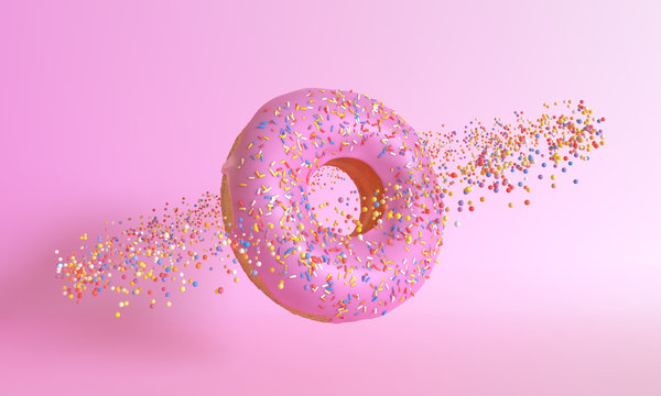 Donut planet on a pink background. Minimal creative concept. 3d render illustration