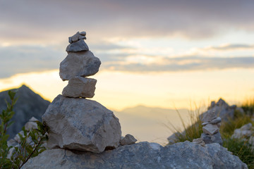 Stone pyramid in Lovcen national park at sunset, Montenegro. Zen concept