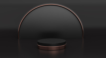 3d rendering pedestal isolated on black background, round copper frame, memorial board, cylinder steps, abstract minimal concept, blank space, clean design, luxury minimalist mockup