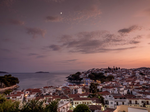 Skiathos Town at sunset, Skiathos, Sporades, Greece