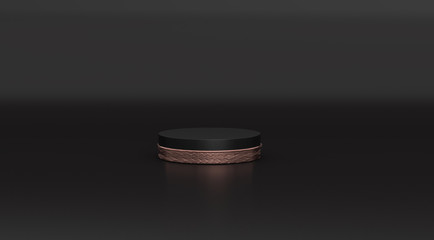 3d rendering pedestal isolated on black background, round copper frame, memorial board, cylinder steps, abstract minimal concept, blank space, clean design, luxury minimalist mockup