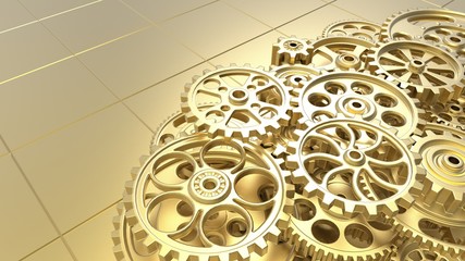 Mechanism, gold metallic gears and cogs at work on gold background. Industrial machinery. 3D illustration. 3D high quality rendering.