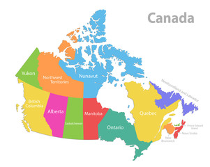 Canada map, administrative division, separate individual states with state names, color map isolated on white background vector