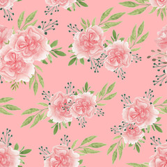 Pink seamless pattern with watercolor carnation floral bouquet