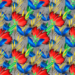Fototapeta na wymiar blue and red flowers drawn by hand with watercolors on a textured background of brown colors, seamless pattern