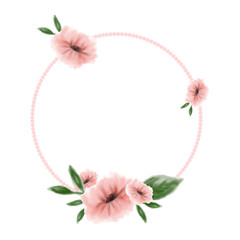 Card with garland of pink flowers and green leaves drawn by hand, card or invitation, with space for letters, white background