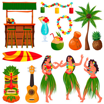 Travel to Hawaii vector icons and design elements set. Traditional hawaiian symbols