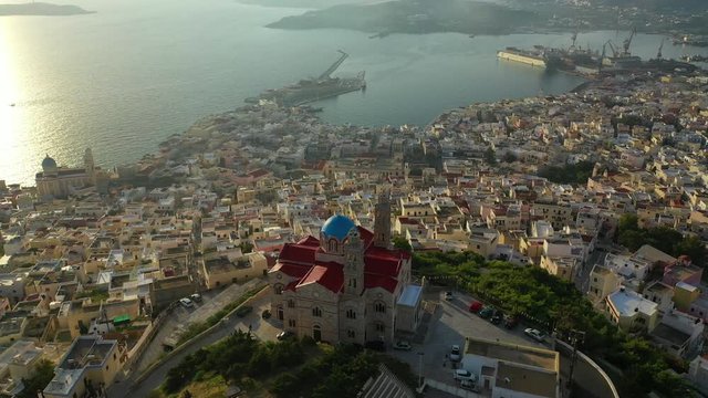 Aerial drone video of picturesque main town of Syros or Siros island ,Cyclades, Greece