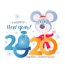 New Year's greetings. Little mouse Santa Claus and a bag of gifts. Chinese New Year. Mice symbols of 2020. Vector illustration isolated on a white background.