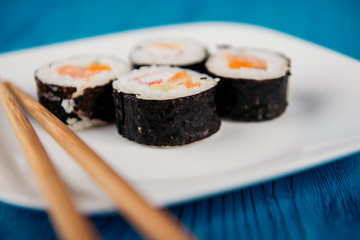 Appetizing tasty Japan rolls on a plate