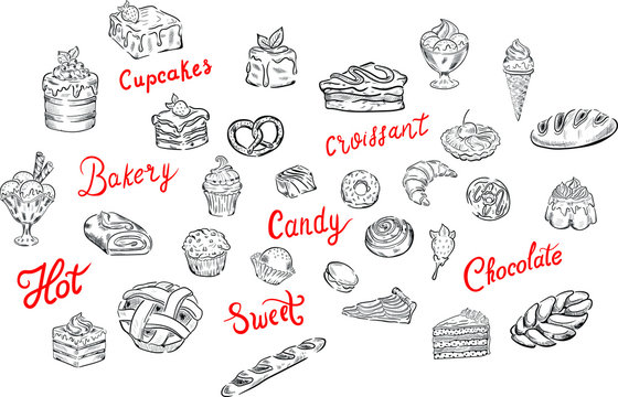 Sweets, candy, bakery food vector isolated set of illustration on white background . Concept for menu, print, logo, icon , web design, cards  