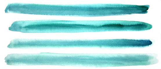 Turquoise Blue striped abstract background, variable width stripes. Watercolor hand painted horizontal line. Geometric Sea style pattern. For decoration, printing, web design, cover.