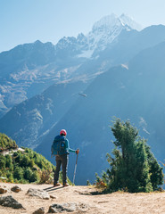 Young hiker backpacker woman using trekking poles enjoying the Thamserku 6608m mountain with flying...