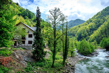 Adjarian nature. Machahela. Old house near the river among mountains.