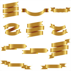 GOLD Ribbon Set In Isolated For Celebration And Winner Award Banner White Background, Vector Illustration