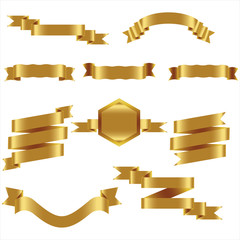 GOLD Ribbon Set In Isolated For Celebration And Winner Award Banner White Background, Vector Illustration