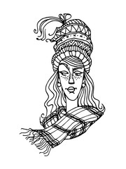 cute blonde girl with freckles in national Scandinavian hat with geometric pattern and plaid scarf, vector illustration with black contour lines isolated on white background in hand drawn style