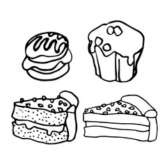 different pastries, cake, muffins, Boucher with cream, dessert for holidays and birthday, vector illustration with black contour lines isolated on white background in Doodle and hand drawn style