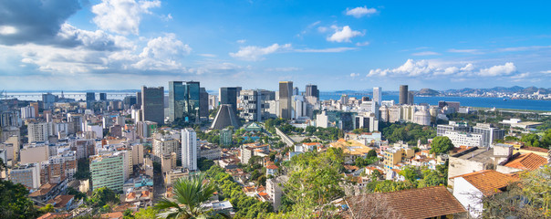 Beautiful view of Rio de Janeiro Downtown Busines Center with Cathedral Building and Lapa Arches  from Ruins Park viewpoint - Rio de Janeiro, Brazil