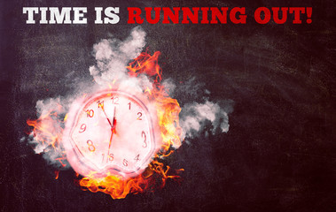 Time is running out concept shows clock that is burning up with flames and smoke