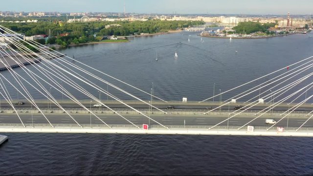 Aerial view of cable-stayed bridge with cars in St.Petersburg, 4k