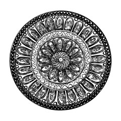 Ancient vintage style floral circular design element. Flower rosette drawing for printing. Fashion pattern in black white for textile backgrounds. Vector.