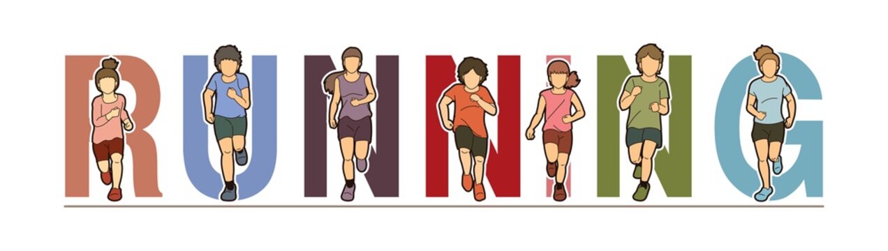 Group Of Children Running, Running Text Font Design, Kids Run Together Cartoon Graphic Vector.