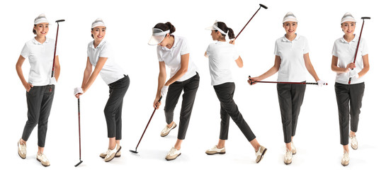 Set with beautiful golfer on white background