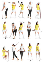 Set with beautiful golfers on white background
