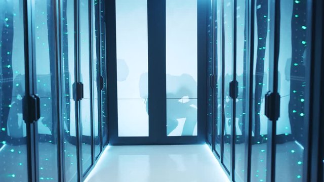 Modern data center secure storage with multiple working server racks. Silhouettes of computer hackers sneaking trying to enter server room performing crime at data center.