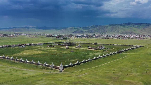 Aerial around view of the Kharkhorin Erdene Zuu Monastery in Kharkhorin (Karakorum), Mongolia. Karakorum was the capital of the Mongol Empire between 1235 and 1260, 4k