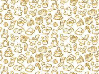 クリスマスモチーフのペン画　パターン背景素材（ゴールド）