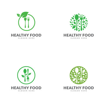 Green healthy food logo template collection, spoon, fork, green leaf, circle vector design