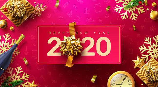 2020 Happy New Year Promotion Poster or banner with golden gift box and christmas decoration elements.Change or open to new year 2020 concept.Promotion and shopping template for New Year.Vector EPS10