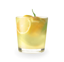 Glass of fresh lemonade on white background