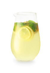 Jug of fresh lemonade on white background