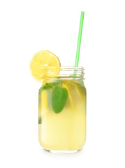 Mason jar of fresh lemonade on white background