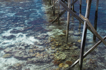 Roral reef around an island in Celebes Sea during low tide, which makes amazing scenery and shows small marine organisms. Remote islands in Bum Bum Island with healthy coral reef.
