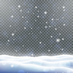 Magic winter mockup with snowfall. Merry Christmas and Happy New Year template with copy space. Realistic snowdrifts and snowflakes on transparent background. Seasonal holidays vector illustration