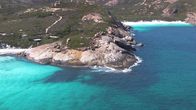 Aerial: Spectacular sections of Esperance's finest bays with turquoise waters and granite domes in untouched wilderness of Cape Le Grande National Park.